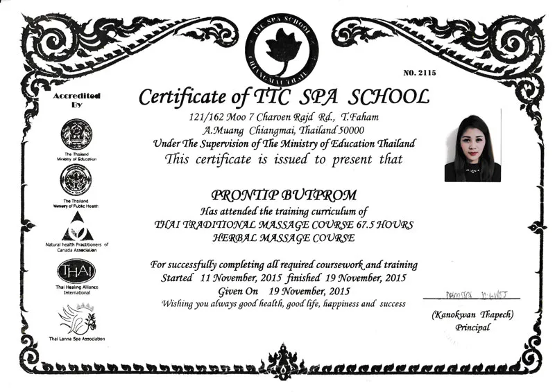 Certificate of TTC SPA SCHOOL タイ古式マッサージ ルアンティップ