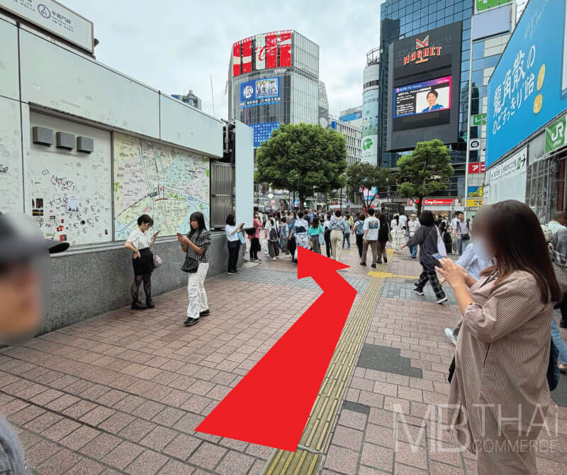 ハチ公口を出て、右に曲がって、渋谷交差点へ行ってください。